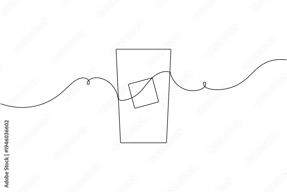 Obraz premium Ice cube water glass icon continuous one line art single drawing on white background minimalist cold drink symbol outline vector illustration