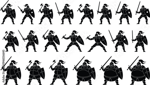 Medieval knight warrior silhouettes collection with swords, shields and battle poses, armored soldier characters isolated on white background for fantasy game design