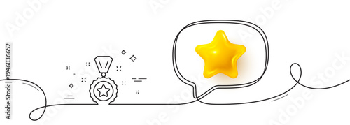 Winner reward line icon. Continuous line with 3d star. Award medal sign. Best achievement symbol. 3d star in speech bubble. Winner reward single line ribbon. Loop curve pattern. Vector