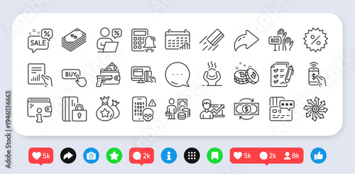Versatile, Armed robbery and Discounts bubble line icons pack. Social media: share, comment, like icons. Calendar graph, Bid offer, Phone payment web icon. Vector