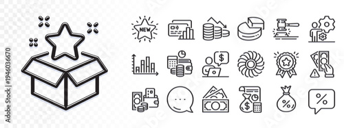 Discount message, Loyalty award and New star line icons for web app. Glare of light effect. Message icon. Pack of Budget accounting, Accounting, Bribe pictogram icons. Vector