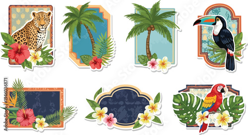 Tropical Frame Jungle Animals Floral Exotic Border Illustration Vector Design Collection.