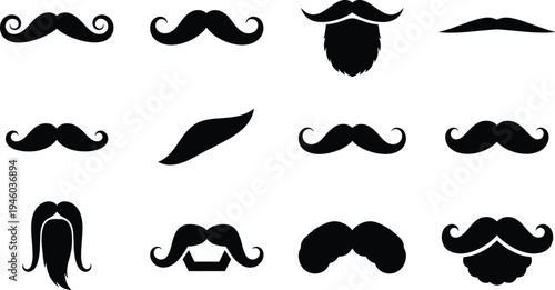 Mustache and beard silhouette collection with different vintage facial hair styles barber grooming icons isolated vector set for hipster fashion design