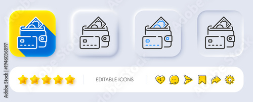 Money line icon. Neumorphic, Flat shadow, 3d buttons. Credit card sign. Cash payment symbol. Line money icon. Social media icons. Vector