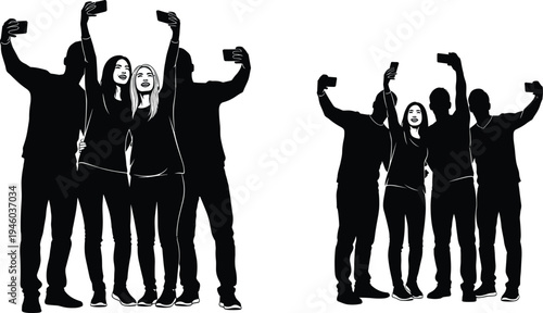 Friends taking selfie silhouette vector set, young people group holding smartphones photo pose illustration, social media friendship moment