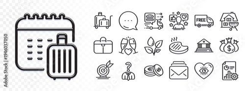 Food delivery, Plants watering and Handbag line icons for web app. Glare of light effect. Message icon. Pack of Baggage calendar, Check investment, Hiring employees pictogram icons. Vector