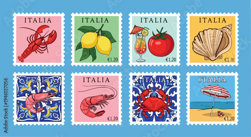 Italy Postage Stamp Collection Seafood Travel Vintage Design Illustration Vector Set.