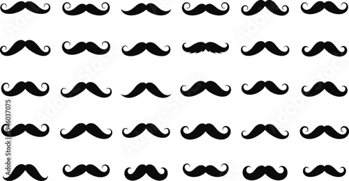Mustache silhouette collection featuring vintage hipster beard and moustache styles for barber shop logo design, grooming icons and retro gentleman illustration set