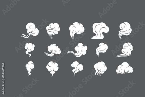 A collection of fifteen white smoke or steam clouds is set against a dark grey background. The puffs vary in shape and size, showing different patterns of dispersal. 