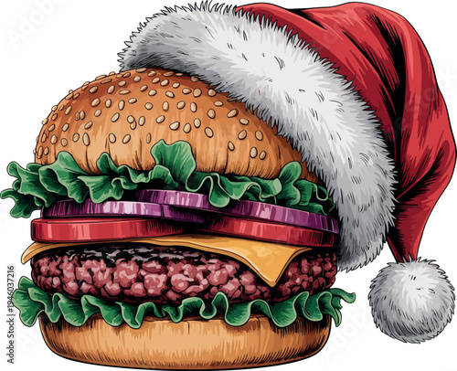 A large, juicy hamburger is festively decorated with a classic red Santa hat. The detailed illustration shows a thick patty, melted cheese, fresh lettuce, tomatoes, and red onions. 