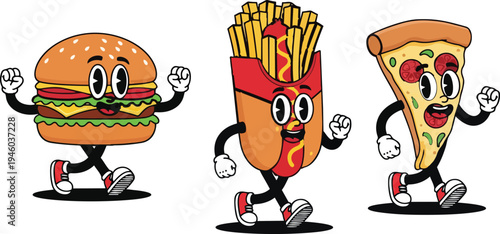 Fast Food Cartoon Characters Burger Fries Pizza Mascot Cute Illustration Vector Design.