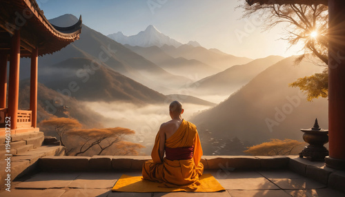 Buddhist monk praying at sunrise in remote mountain temple courtyard, warm golden light illuminating misty mountain landscape