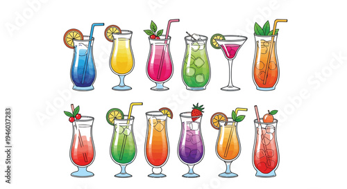 Assortment of colorful tropical cocktails in various glasses.