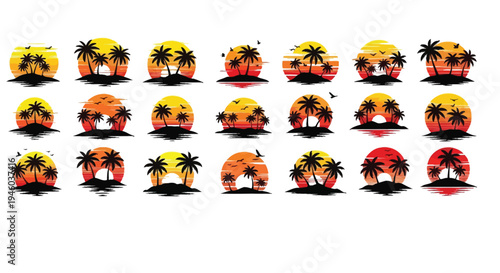 Palm tree silhouettes appear above the vibrant setting sun.