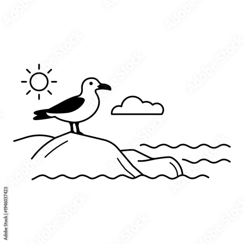 Illustration vectorielle minimaliste représentant un goéland posé sur un rocher au bord de la mer avec soleil, nuage et vagues. Micro scène inspirée du littoral et de la faune marine de Bretagne.