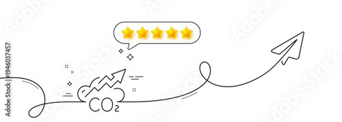 Co2 gas line icon. Continuous line with share plane. Carbon dioxide emissions sign. Exhaust increase symbol. Five star rate review in speech bubble. Co2 single line ribbon. Loop curve pattern. Vector