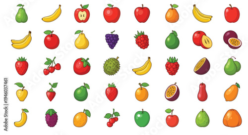 Assorted cartoon fruits are displayed in a repeating pattern.