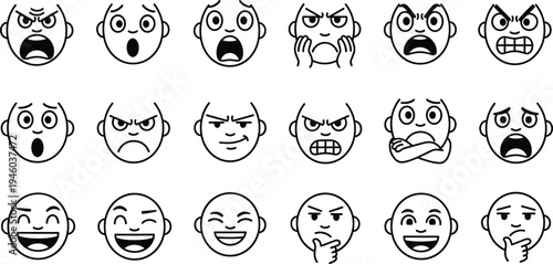 Set of cartoon facial expression icons showing different human emotions including angry, surprised, sad, thinking, laughing and shocked faces in simple outline style