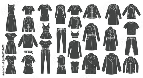 An assortment of dark female clothing items is laid out flat now.