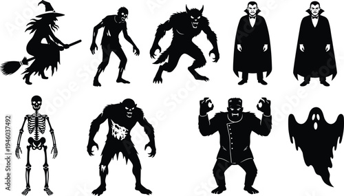 Set of spooky Halloween monster silhouettes including witch zombie werewolf vampire skeleton ghost and Frankenstein characters isolated for horror design decoration and spooky themes