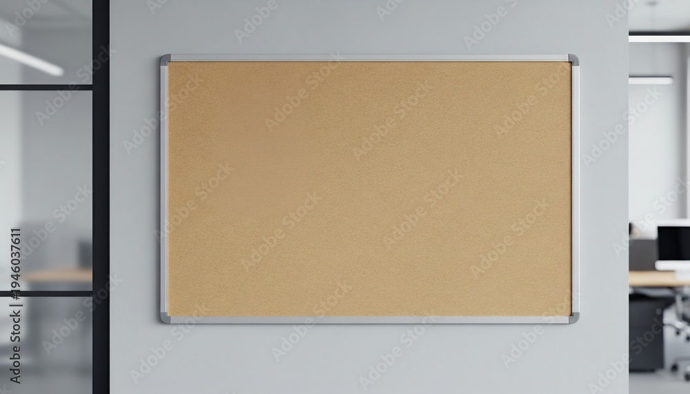 Fototapeta premium Empty cork board on a white wall in a modern office setting ready for notes and announcements.