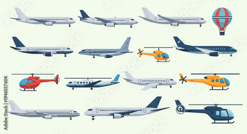 Diverse Collection of Aircraft - Planes, Helicopters, and Hot Air Balloon.
