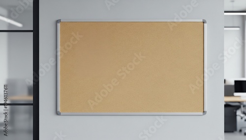 Empty cork board on a white wall in a modern office setting ready for notes and announcements.