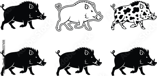 Wild boar silhouette and outline illustration set with different styles including solid, line art and spotted design isolated on white background