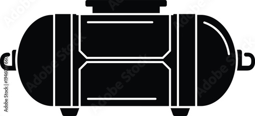 Black and white silhouette illustration of horizontal cylindrical industrial tank with rounded ends, support legs, access panels, and top inspection port for fluid or gas storage visualization.