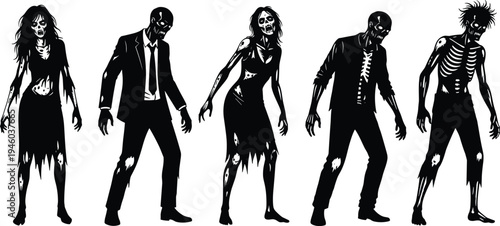Zombie silhouette character set featuring scary undead men and women in torn clothes walking poses for horror Halloween illustration isolated on white background