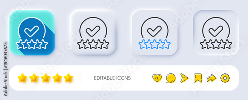 Rating stars line icon. Neumorphic, Flat shadow, 3d buttons. Approved ranking sign. Verified high rank symbol. Line rating stars icon. Social media icons. Vector