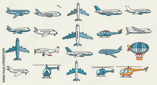 Collection of Colorful Air Transportation Vehicles - Planes, Helicopters, and Balloons.