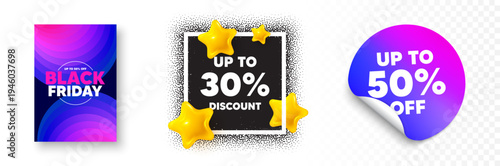 Discount tag photo frame 3d stars. Discount sticker banner. Up to 30 percent discount. Sale offer price sign. Special offer symbol. Save 30 percentages. Black friday poster. Promo background. Vector