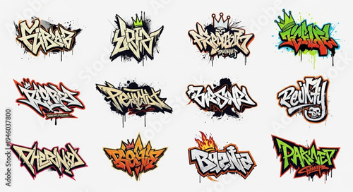Collection of vibrant graffiti art designs with dynamic lettering and urban flair, showcasing a variety of styles and colors.