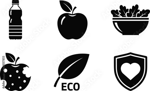 Healthy food and eco lifestyle icons vector set, apple salad water bottle leaf illustration, organic nutrition health 