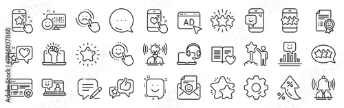 Feedback line icons. Settings gear, Message, Inflation icons. Set of User Opinion, Customer service and Star Rating icons. Testimonial, Positive negative emotion, Customer satisfaction. Vector