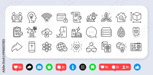 Medical prescription, Ethics and Heartbeat line icons pack. Social media: share, comment, like icons. Servers, Calendar, Sunglasses web icon. Vector
