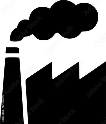 Factory icon. Industrial plant with smoke chimney symbol representing manufacturing, production facility, industry building, pollution emission and heavy industry concept. Solid fill vector icon.