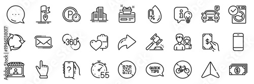 No alcohol, Qr code and Click hand line icons pack. Share, Message, Paper plane icons. Bicycle prohibited, Washing machine, Timer web icon. Lamp, 360 degree, Smartphone pictogram. Vector