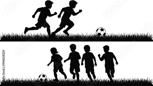 Kids playing soccer silhouette vector illustration, children running football game outdoor sport activity, young players training on grass field