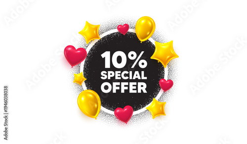 Discount picture frame banner. Circle photo frame. 10 percent discount offer tag. Sale price promo sign. Special offer symbol. 3d balloons as hearts, stars. Grain dots pattern. Vector