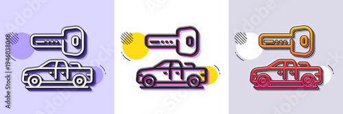 Car key line icon. Halftone dotted pattern. Gradient icon with grain shadow. Rent transport sign. Buy new vehicle symbol. Line car key icon. Various designs. Vector