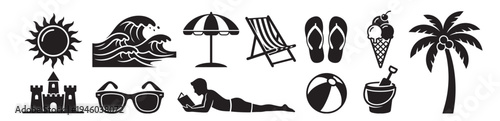 summer beach icon set with sun, waves, umbrella, deck chair, flip flops, sunglasses, sand bucket, beach ball, palm tree and ice cream vector illustration collection on transparent background