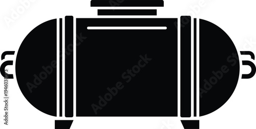 Black silhouette icon illustration of industrial electric motor with rectangular housing, circular end caps, shaft extensions, and cooling vent design for mechanical engineering and electrical system 