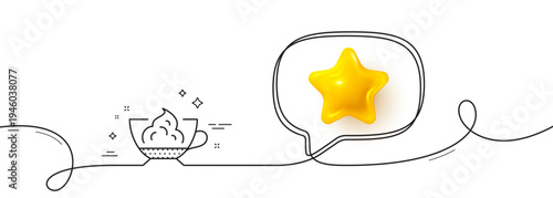 Espresso with whipped cream icon. Continuous line with 3d star. Hot coffee drink sign. Beverage symbol. 3d star in speech bubble. Espresso cream single line ribbon. Loop curve pattern. Vector