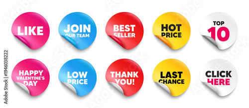 Like sticker tag. Top 10, Best seller, Hot price banners. Like tag. Social media message. Favorite or Awesome notification. Join our team sticker. Vector