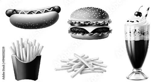 Fast Food Set Halftone Illustration – Hot Dog Burger Fries Milkshake