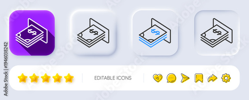 Cash money line icon. Neumorphic, Flat shadow, 3d buttons. Banking currency sign. Dollar or USD symbol. Line aTM money icon. Social media icons. Vector