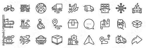 Bicycle, Delivery route and Pin line icons pack. Share, Message, Paper plane icons. Flight mode, Travel path, Filling station web icon. Opened box, Shipment, Taxi pictogram. Vector
