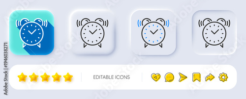 Alarm clock line icon. Neumorphic, Flat shadow, 3d buttons. Time or watch sign. Line alarm clock icon. Social media icons. Vector
